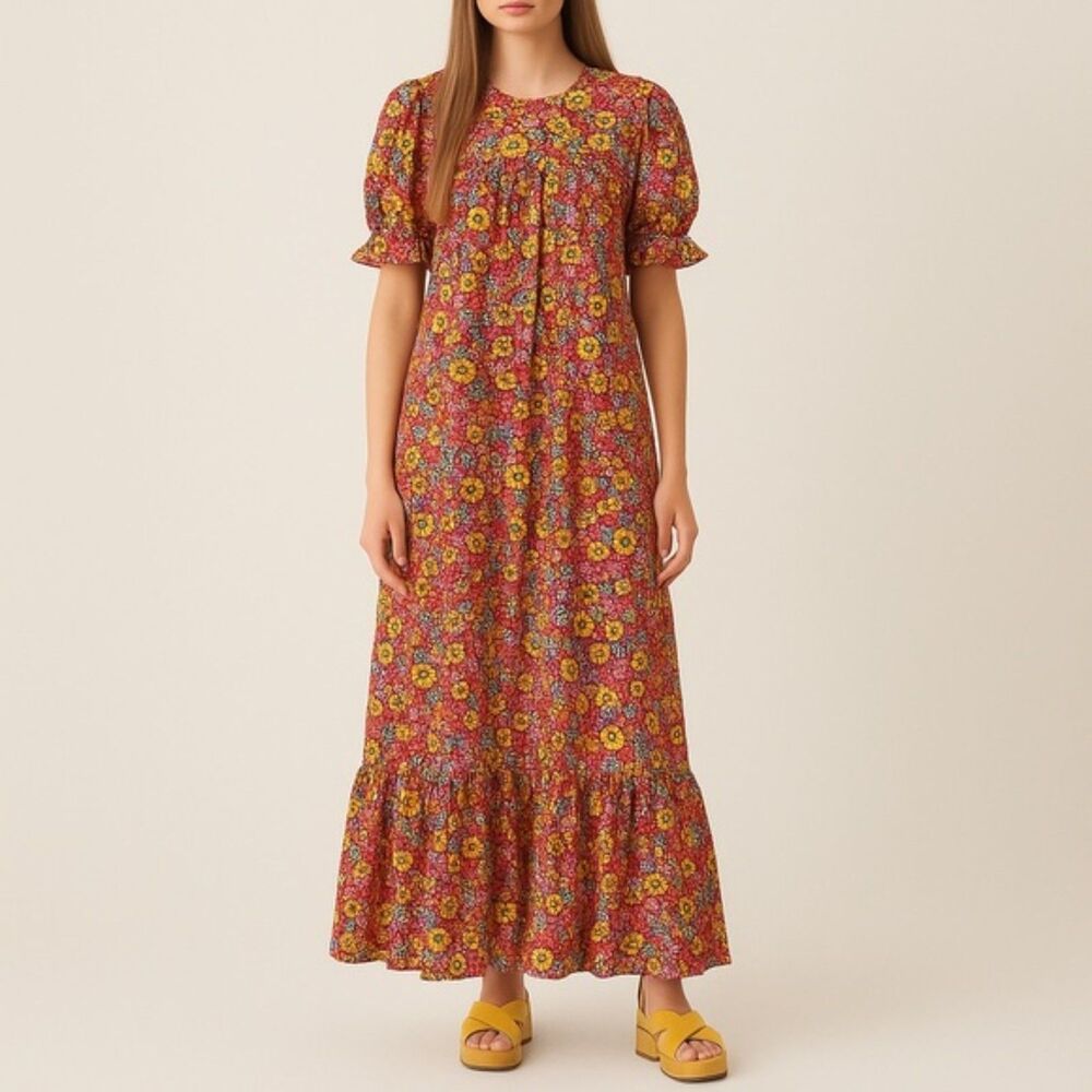 Vintage 1970s Floral Puff Sleeve Empire Waist Maxi Dress Red Multi Size Small